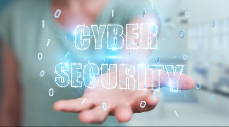 Businesswoman on blurred background using cyber security text hologram 3D renderingの写真素材