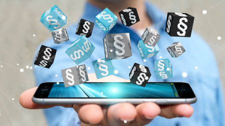 Businessman on blurred background holding and touching 3D rendering law cubes
