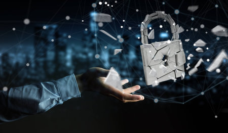 Businessman on blurred background hacking in broken padlock security 3D rendering