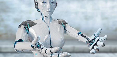 White woman cyborg opening her two hands isolated on white background 3D renderingの写真素材