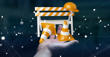 Businesswoman on blurred background using digital 3D rendering under construction signsの写真素材