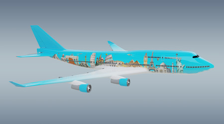 Plane with famous landmarks of the world isolated on grey background 3D renderingの写真素材