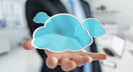 Businessman on blurred background using digital cloud 3D rendering