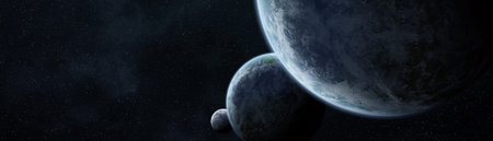 Panoramic view of planets in distant solar system in space 3D rendering