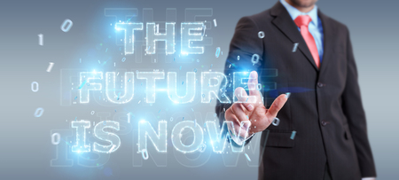 Businessman on blurred background  using future text interface 3D renderingの写真素材