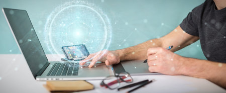Graphic designer on blurred background using digital sphere connection hologram 3D rendering