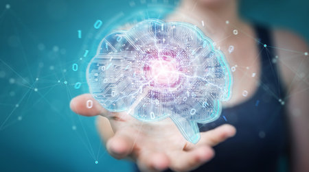 Businesswoman on blurred background creating artificial intelligence in a digital brain 3D rendering