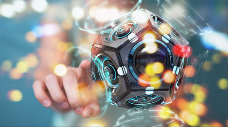 Businesswoman on blurred background using futuristic drone security camera 3D rendering