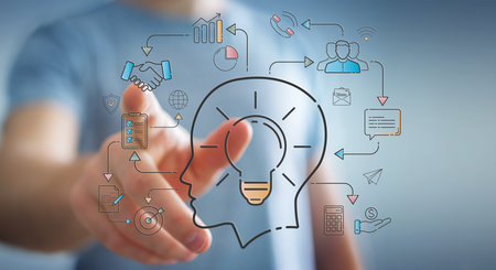 Businessman on blurred background using thin line icon project plan presentation