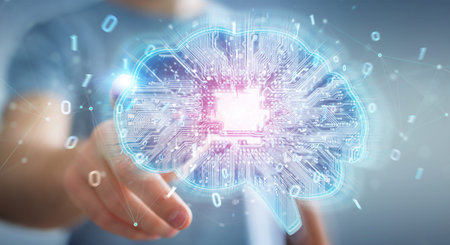Businessman on blurred background creating artificial intelligence in a digital brain 3D rendering