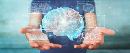 Businessman on blurred background using using digital 3D projection of a human brain 3D rendering