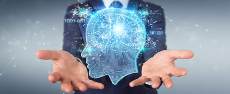 Businessman on blurred background creating artificial intelligence 3D rendering