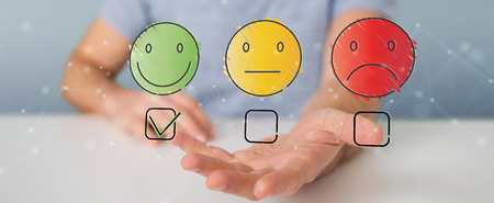 Businessman on blurred background using thin line customer satisfaction ratingの写真素材