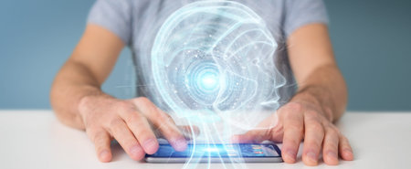 Businessman on blurred background using digital artificial intelligence interface 3D rendering