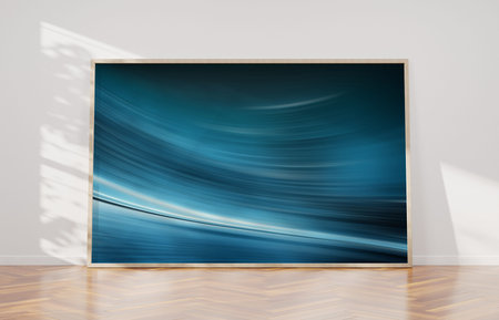 Large horizontal frame leaning on a white wall in wooden interior 3D rendering