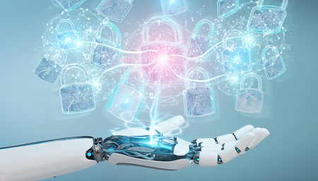 Web security protection interface used by robot on blurred background 3D renderingの写真素材