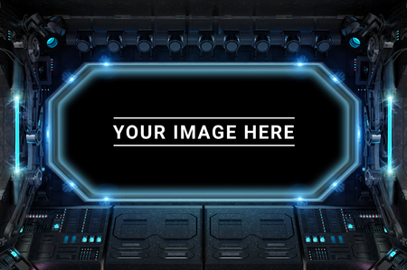 Dark spaceship interior with large window view on space 3D renderingの写真素材