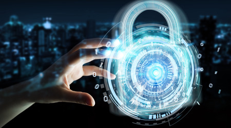 Web security protection interface used by businesswoman on blurred background 3D renderingの写真素材