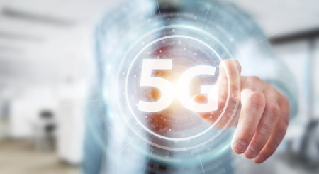 Businessman on blurred background using 5G network interface 3D renderingの写真素材