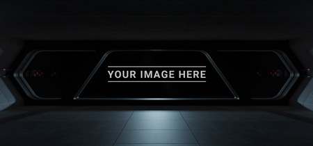 Dark spaceship interior with large window view on space 3D renderingの写真素材