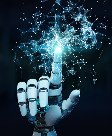White humanoid hand on blurred background using digital globe hud interface 3D renderingの写真素材