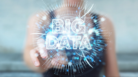 Businesswoman on blurred background using Big Data digital hologram 3D renderingの写真素材