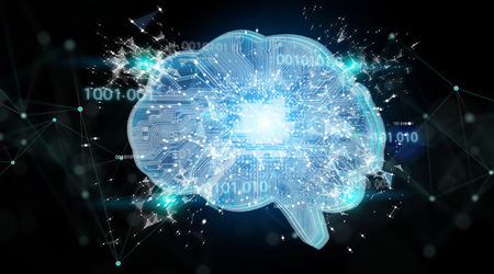 Artificial intelligence in a digital brain on black background 3D renderingの写真素材