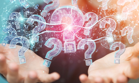 Businesswoman on blurred background solving problem with digital question marks 3D renderingの写真素材