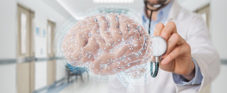 Doctor on blurred background using digital brain scan hologram 3D rendering