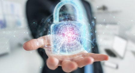 Web security protection interface used by businessman on blurred background 3D rendering