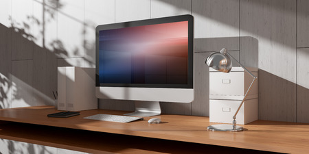 Computer and devices on modern wooden desk bright interior 3D renderingの写真素材