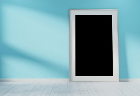 Large vertical frame leaning on a blue wall in wooden interior 3D rendering