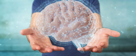 Businessman on blurred background using using digital 3D projection of a human brain 3D rendering