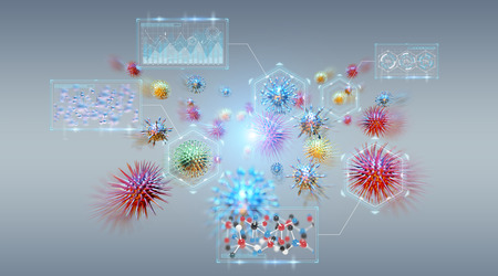 Bacteria microscopic close-up on grey background 3D renderingの写真素材