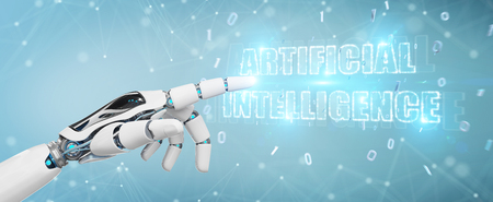 White cyborg hand on blurred background using digital artificial intelligence text hologram 3D renderingの写真素材
