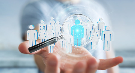 Businessman on blurred using magnifying glass to recruit people 3D renderingの写真素材