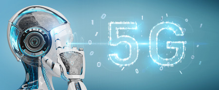 White cyborg woman on blurred background using 5G network digital hologram 3D renderingの写真素材