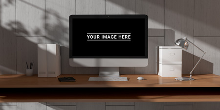 Computer and devices on modern wooden desk bright interior 3D renderingの写真素材
