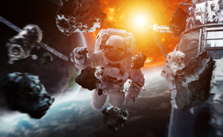 Astronaut floating in space in front of exploding sun 3D rendering
