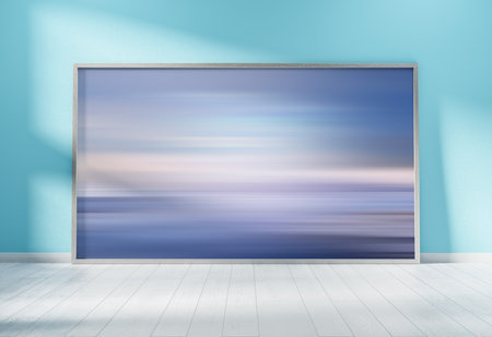 Large horizontal frame leaning on a blue wall in wooden interior 3D rendering
