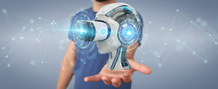 Businessman on blurred background using virtual reality and artificial intelligence 3D rendering