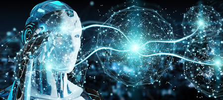 White male humanoid on blurred background using digital global network 3D renderingの写真素材