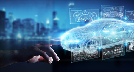 Businessman on blurred background modern smart car interface 3D renderingの写真素材