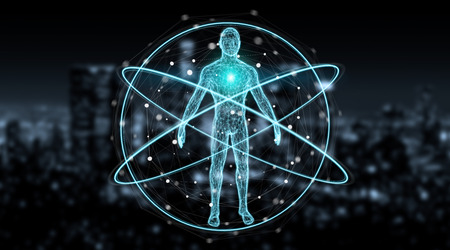 Digital x-ray human body scan interface on blue background 3D renderingの写真素材