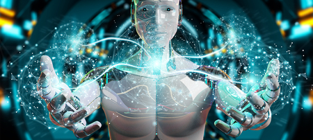 White male humanoid on blurred background using digital global network 3D renderingの写真素材