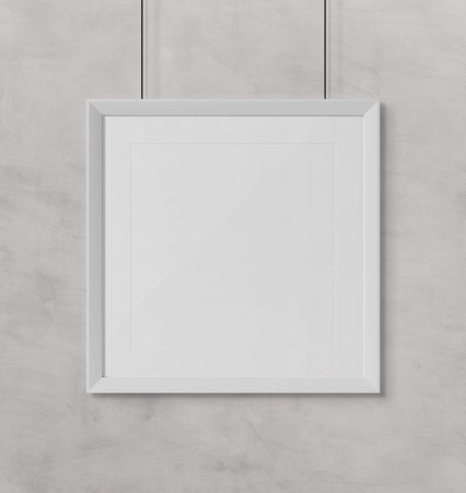 White squared frame hanging in front of a wall mockup 3d rendering