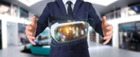 Businessman on blurred background using virtual reality glasses technology 3D rendering