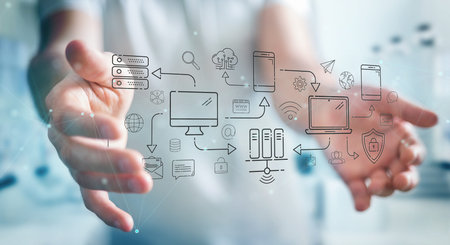 Businessman on blurred background using tech devices and icons thin line interface