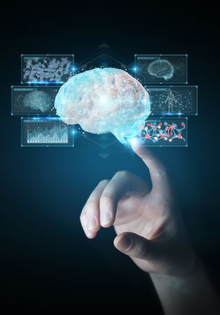 Businesswoman on blurred background using digital 3D projection of a human brain 3D renderingの写真素材