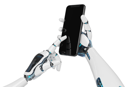 White robot hand holding modern smartphone mockup on white background 3d renderingの写真素材